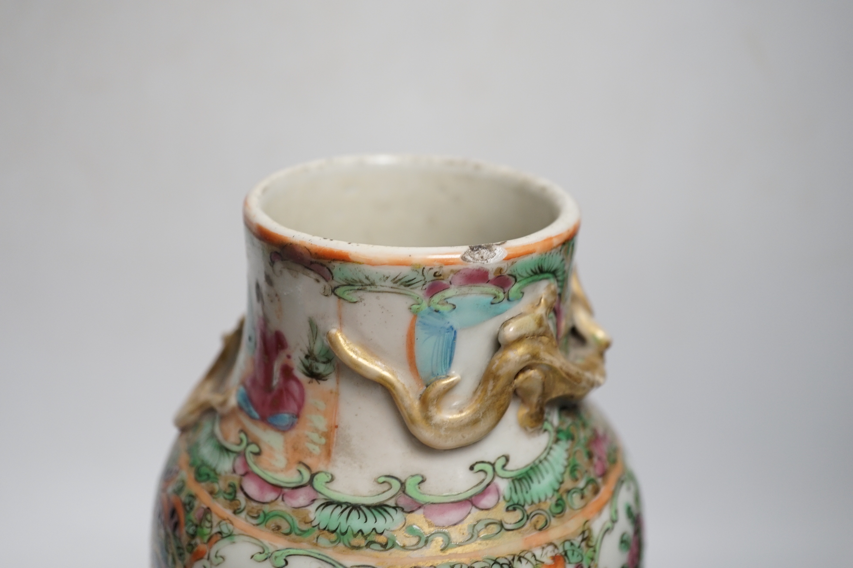Four Chinese famille rose vases, a dragon cup and miniature blue and white vase (6), tallest 25.5cm high